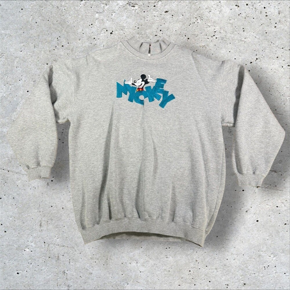 Vtg Disney Parks Mickey Mouse Sweatshirt XL Grey Embroidered Crewneck Pullover